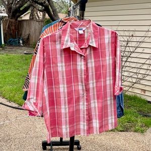 Pink plaid 3/4-sleeve blouse